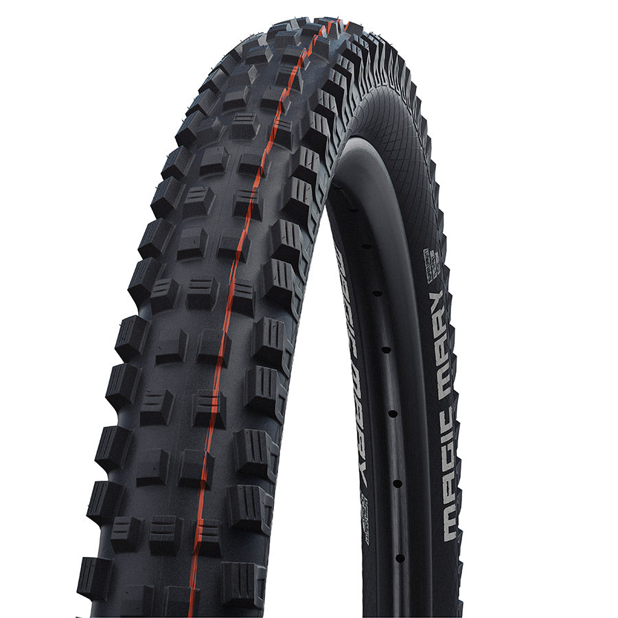 Schwalbe Magic Mary Gravity mountain tires with aggressive tread pattern for downhill and trail riding, shown in black rubber on rim.