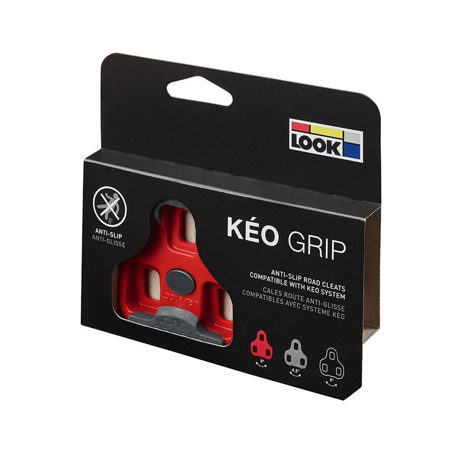 Look Keo Grip 9° red bike cleats with textured surface and adjustable straps for secure pedal connection.