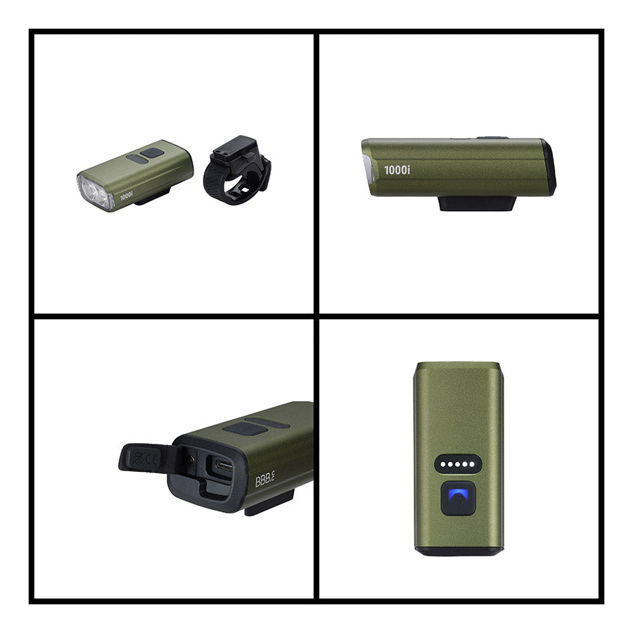 BBB Cycling BLS-263i Nanostrike 1000i bike light showing front view with LED display and mounting bracket.