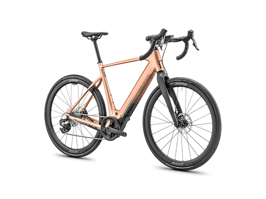Front view of the Moustache Dimanche 28 Road 6 electric bicycle showing drivetrain and sleek frame design.