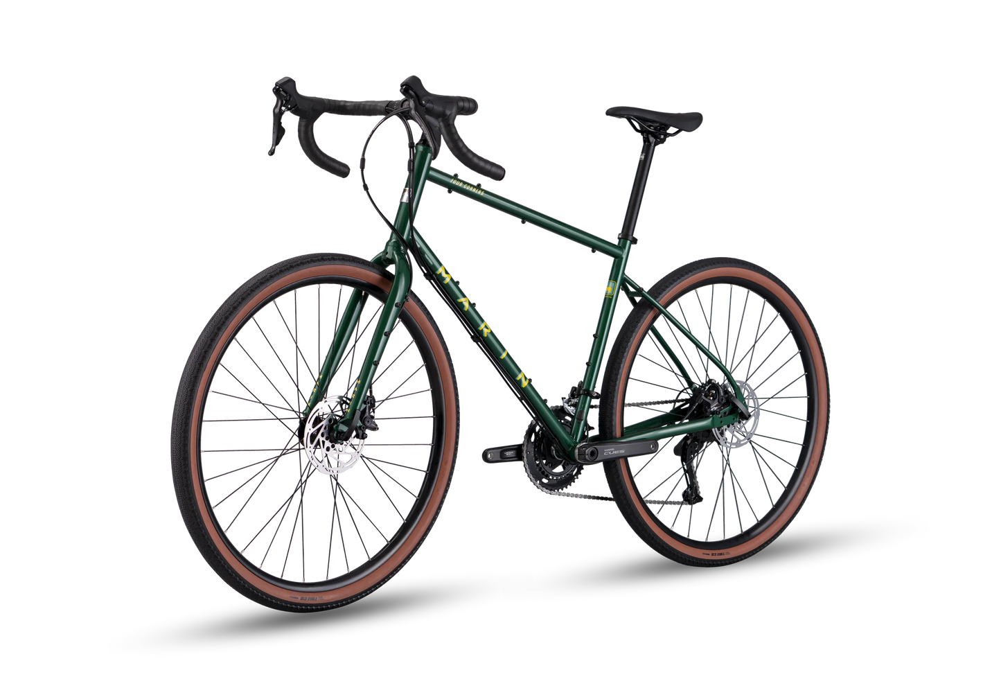 Marin Four Corners 1 gravel bike with green frame and rear view, showing durable tires and sleek design for off-road cycling.