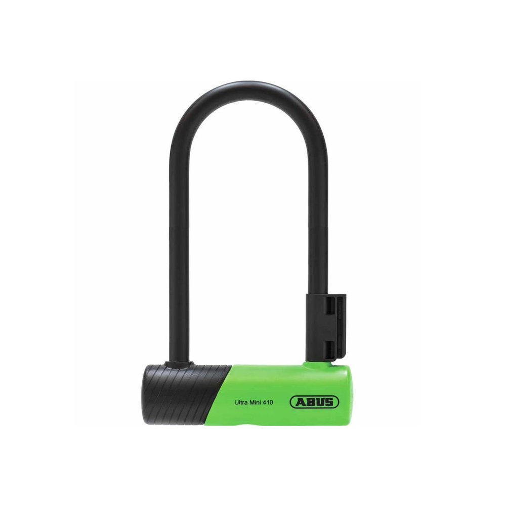 Black Abus Ultra 410K Mini U-lock with 12mm thick shackle, compact design, ideal for securing bicycles and bikes.