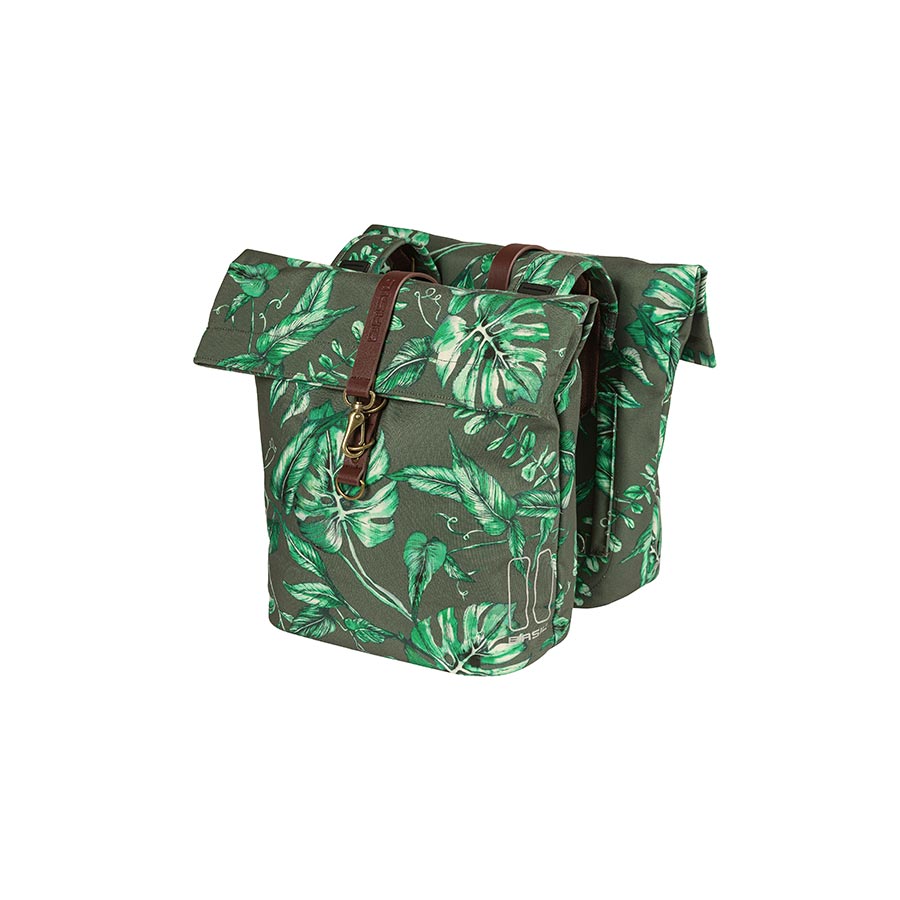 Basil Ever-Green Panniers with green and white leaf print for bicycle rear rack, waterproof and durable cycling luggage.
