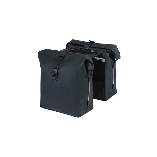 Black Basil SoHo panniers for bikes, 42L capacity, waterproof and durable for cycling storage.