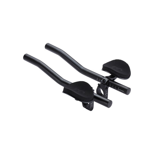 Black BBB Cycling BHB-58 AeroLight triathlon handlebars with lightweight aluminum construction, mounted on a bike for aerodynamic riding.