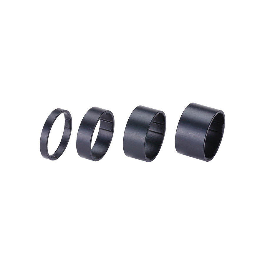 Black BBB Cycling BHP-36 LightSpace headset spacers set with aluminum spacers in 5mm, 10mm, 15mm, and 20mm heights, 4 pcs.