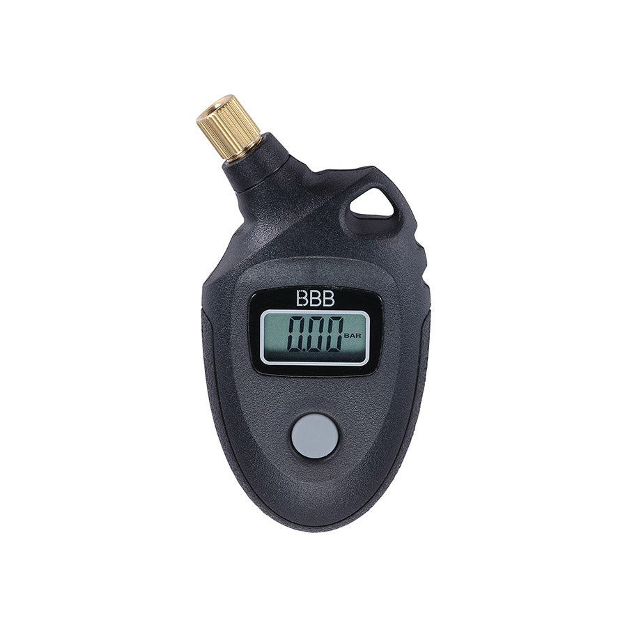 BBB Cycling BMP-90 pressure gauge for Presta and Schrader valves, digital display shows tire pressure readings.