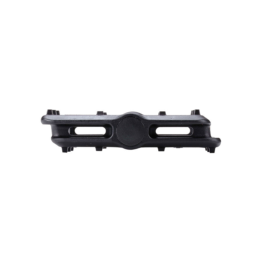 Black BBB Cycling BPD-35 TrailRide platform pedals with nylon body and Cr-Mo spindle, shown in close-up.