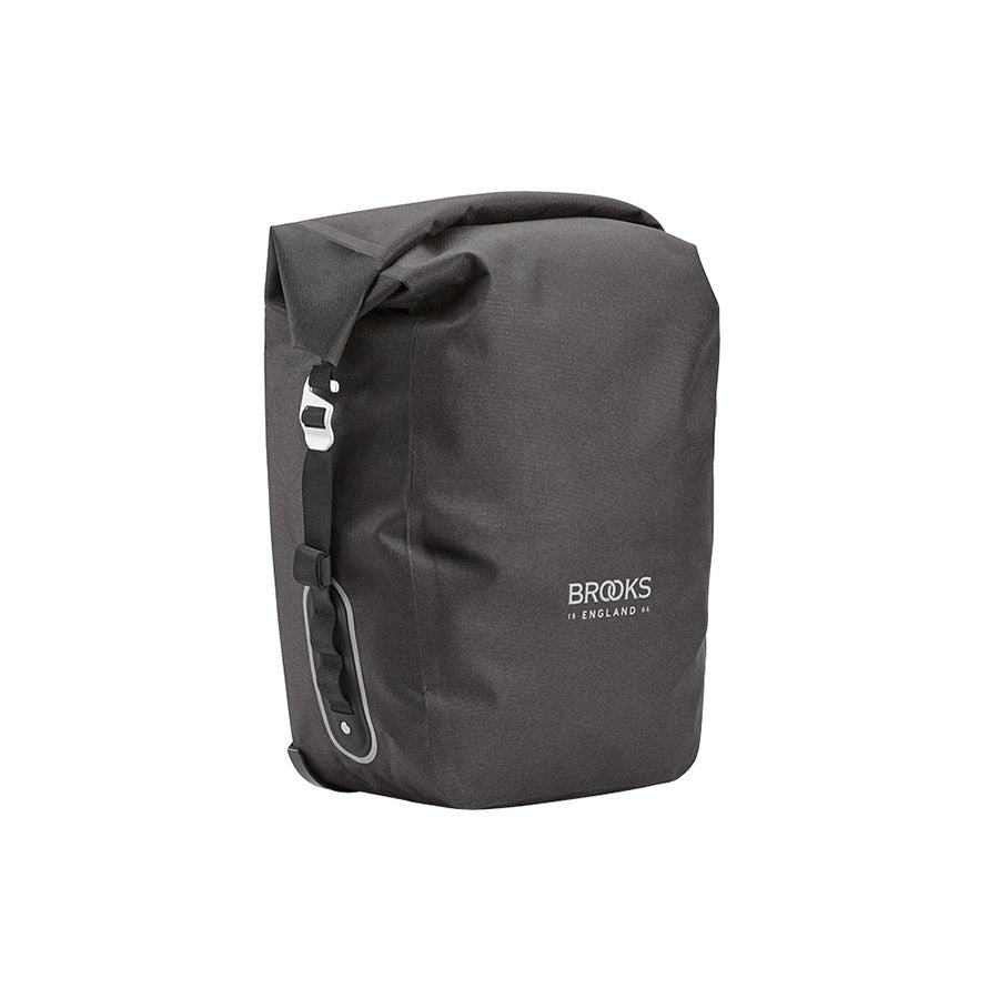 Brooks Scape Pannier in green, 22L, waterproof bicycle panniers mounted on a bike for commuting or touring.