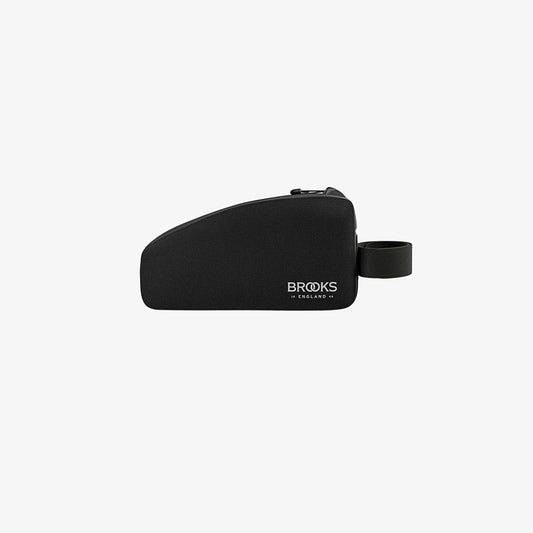 Brooks Scape Top Tube Bag mounted on a bicycle frame, green fabric, compact storage for cycling essentials, top tube bag design.