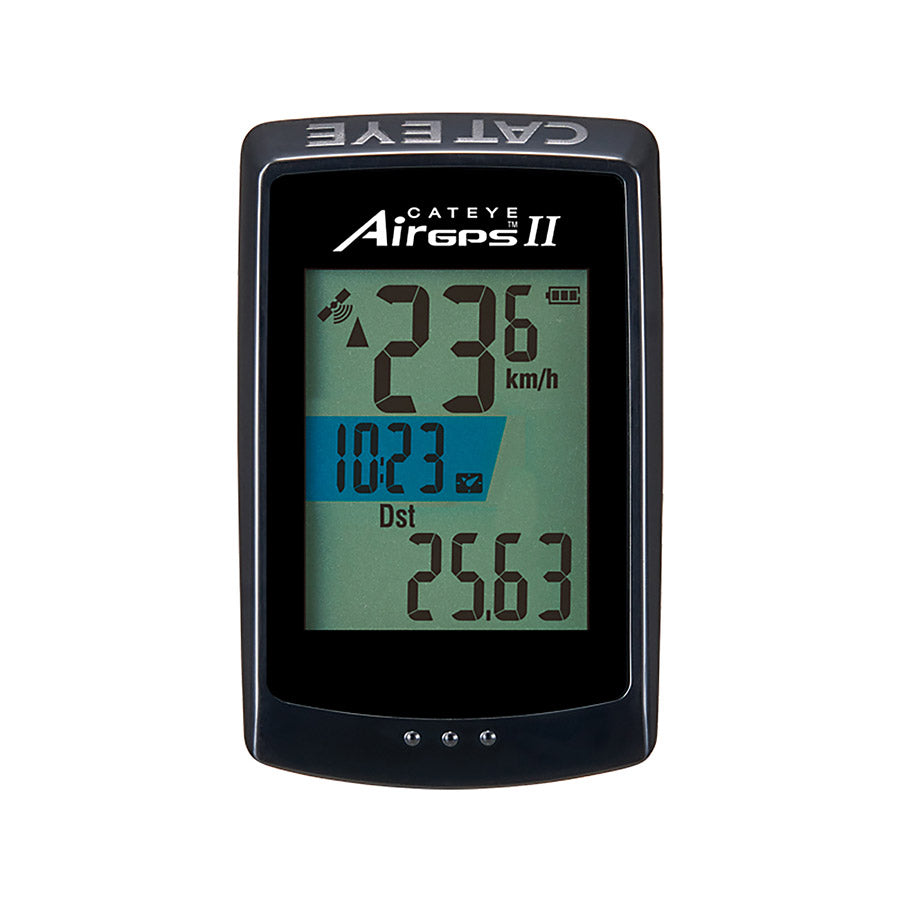 CatEye Air GPS II bike computer with black display and magnetless cadence sensor, designed for accurate cycling data tracking.