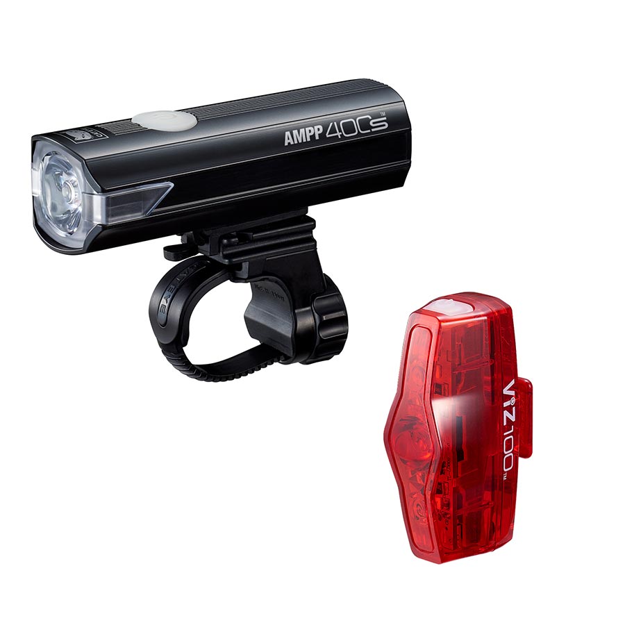 CatEye AMPP400S and ViZ100 bike lights set in black, featuring front and rear lights for visibility and safety.
