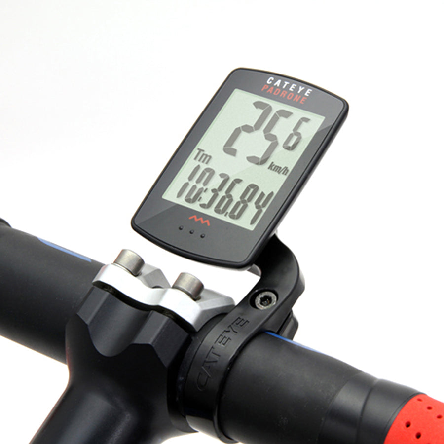 CatEye OF-100 computer bike mount bracket attached to a bike handlebar for secure cycling computer attachment