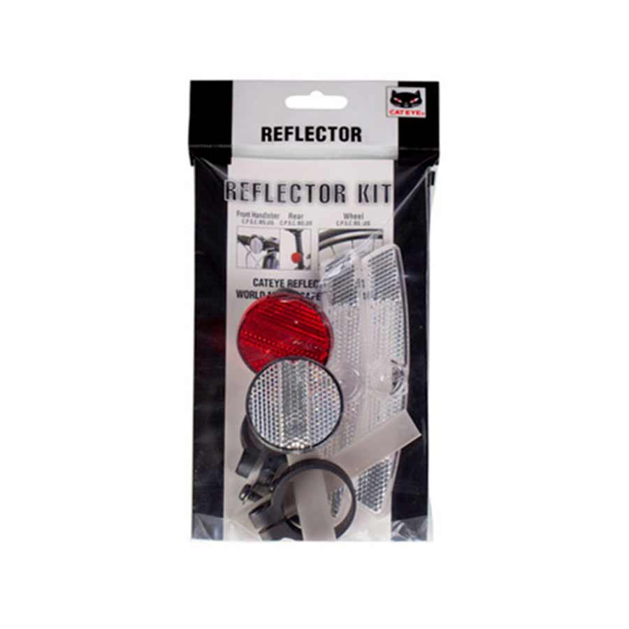 CatEye reflector kit with safety items and brackets, designed for bicycle safety and visibility.