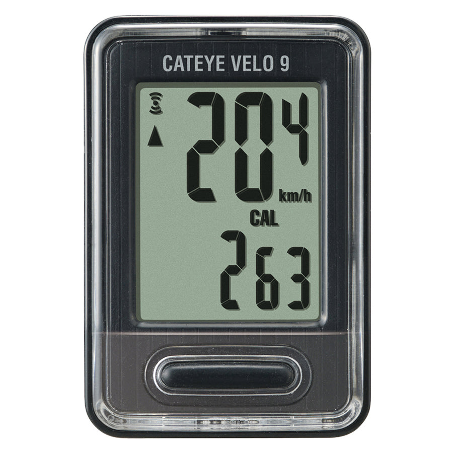 CatEye Velo 9 cycling computer in black showing speed and distance on its display.