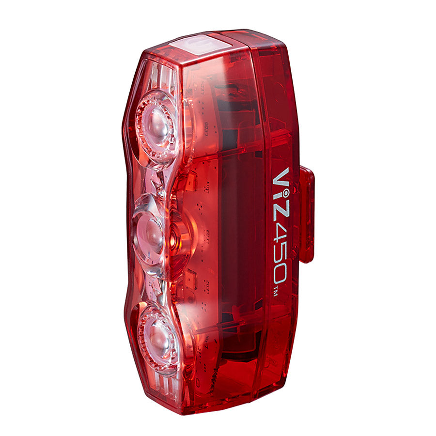 CatEye Viz450 rear red bike light with bright LED illumination, mounted on a bicycle for enhanced visibility and safety.