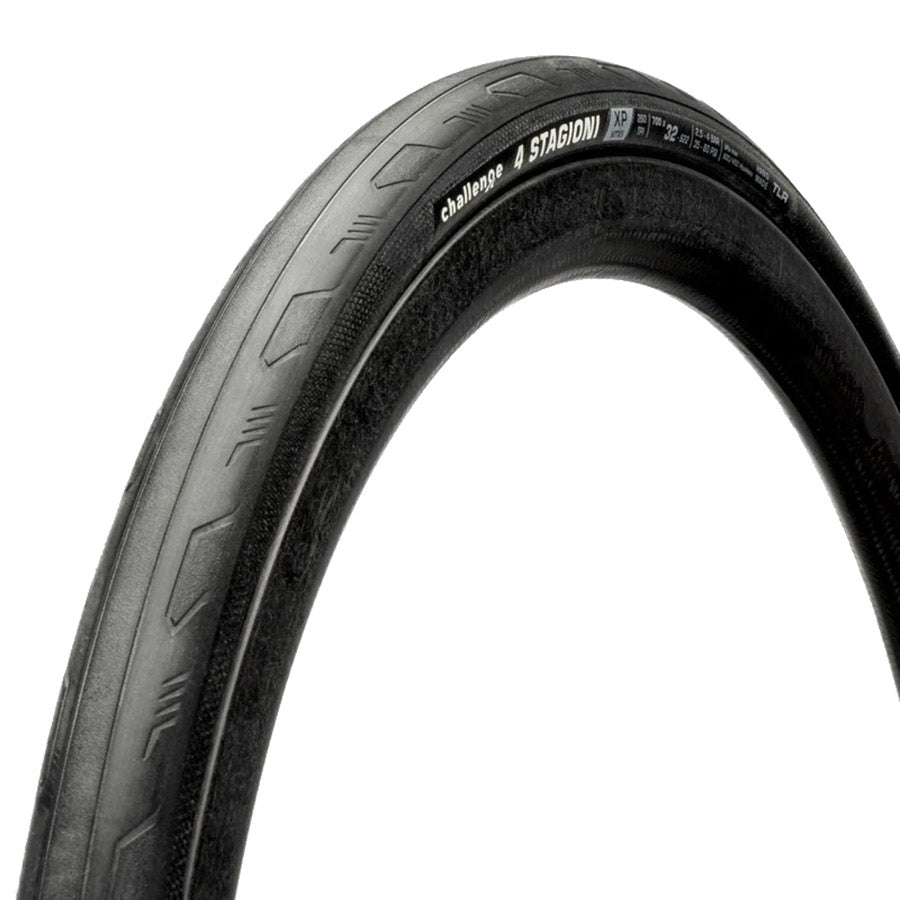 Challenge 4 Stagioni TLR road tires with silver Coraza gold sidewalls, 700x28 size, tubeless-ready, folding design, tanwall finish.