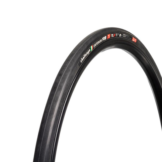 Challenge Criterium RS TLR road tire 700x25mm folding tubeless-ready tire with white sidewalls and sealed corespun cotton construction.