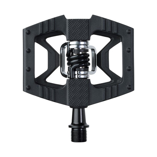 Crankbrothers DOUBLESHOT 1 clipless MTB pedals in black, showing the pair with their durable pedal bodies and cleat mounting areas.