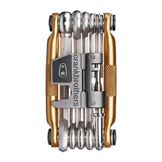 Crankbrothers Multi 17 multi-tool in black and red with various hex and Phillips bits for bike repairs and adjustments.