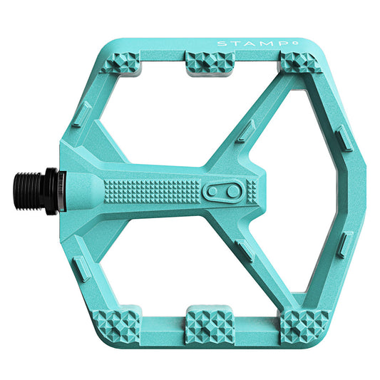 Pair of Crankbrothers Stamp 0 platform pedals in black, large size, designed for mountain biking and BMX cycling.