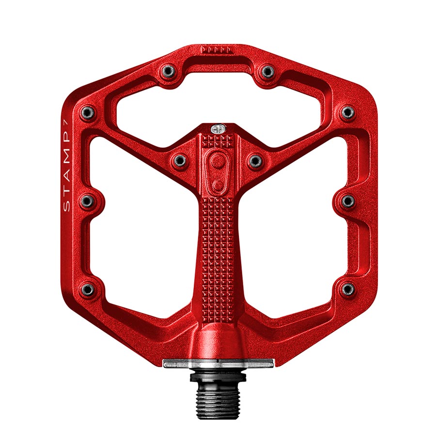 Pair of Crankbrothers STAMP 7 platform pedals with large aluminum body and Cr-Mo spindle in black, designed for mountain biking.