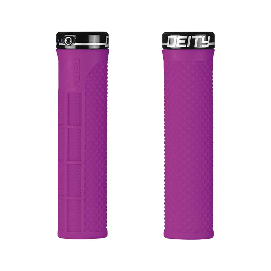 Pair of black Deity LockJaw grips for bikes, showing the textured rubber surface and ergonomic design for secure handling.