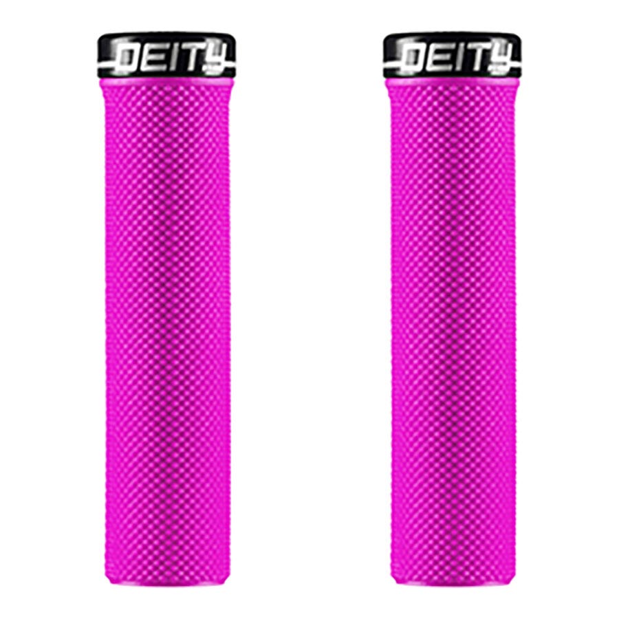 Pair of black Deity Slimfit grips with a slim, ergonomic design for enhanced control on bicycle handlebars.
