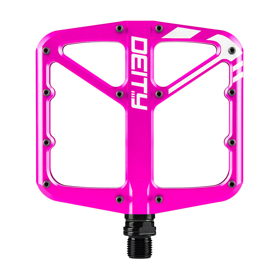 Pair of Deity SuperVillain platform pedals in black, featuring durable construction and wide grip for mountain biking.