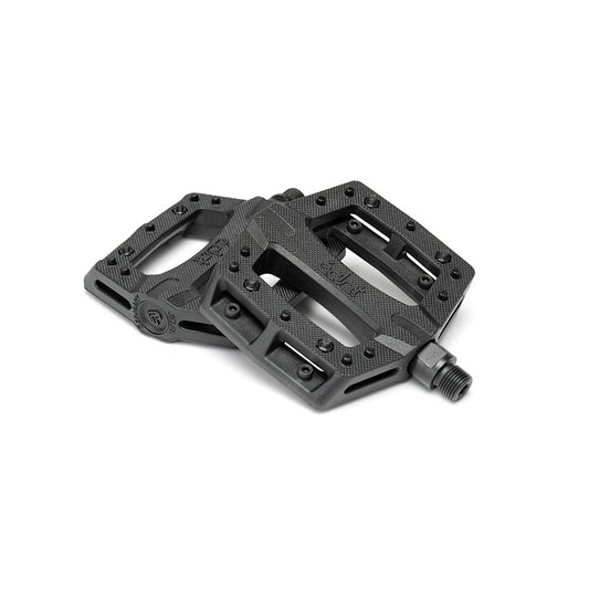 Pair of black Eclat Contra platform pedals with metal pins for BMX bikes, showcasing the durable design and textured grip.