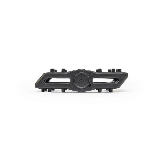 Pair of black Eclat Slash platform pedals with metal pins and durable design for BMX and mountain biking.