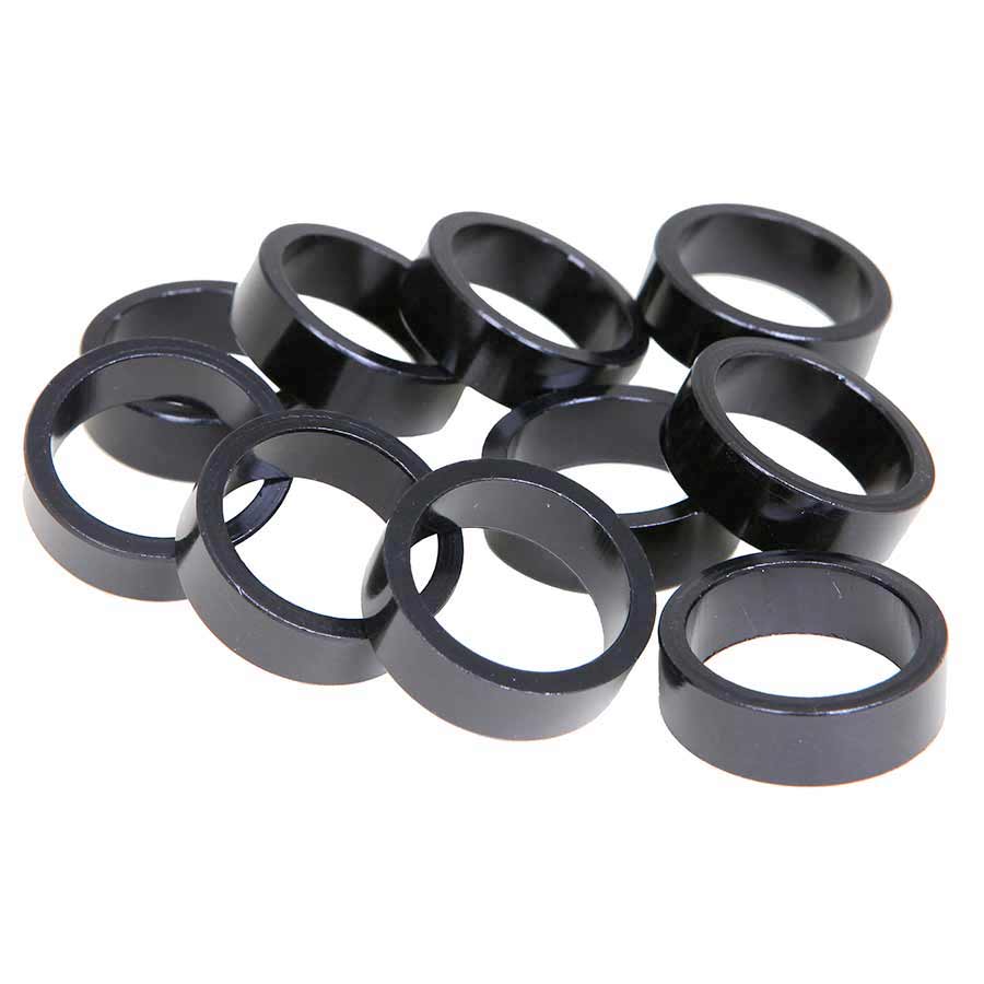 Evo Alloy 1-1/8 inch headset spacers, 2.5mm thick, set of 10, for bike handlebar assembly, durable lightweight alloy material.