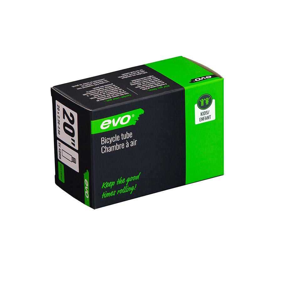 Evo Schrader tubes for bicycle tires, 35mm length, compatible with standard valve systems, black rubber, lightweight and durable