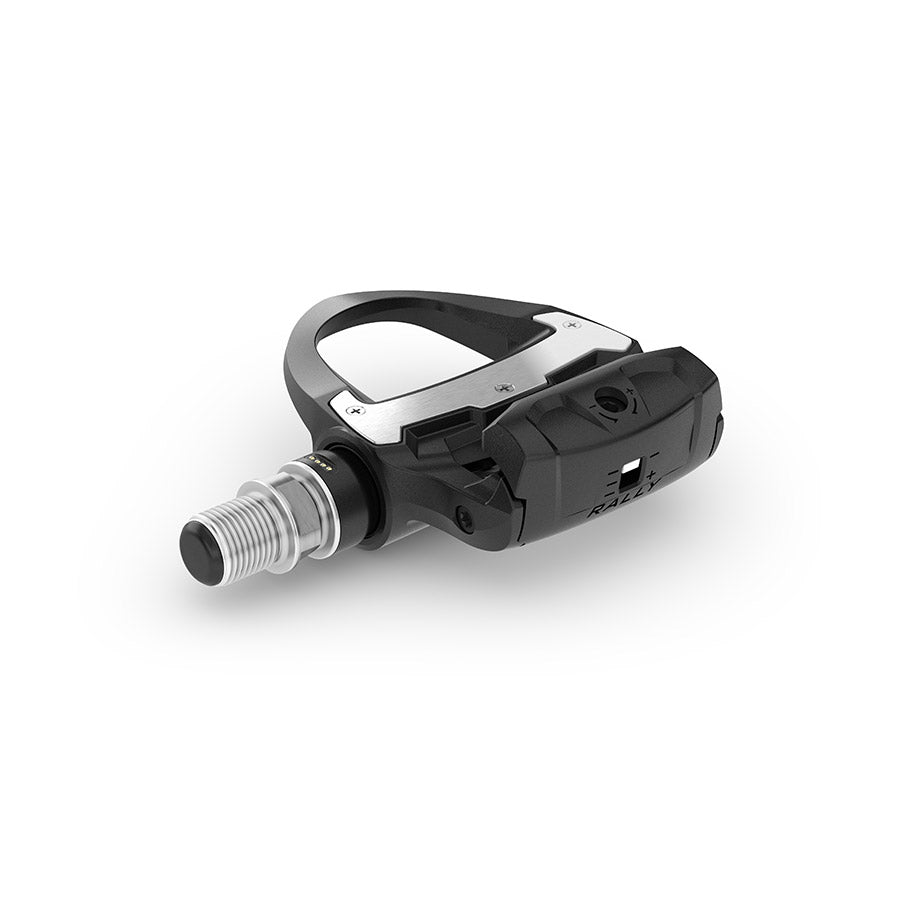 Garmin Rally RS/XC210 clipless road pedals with composite body, carbon spindle, and stainless steel components in black.