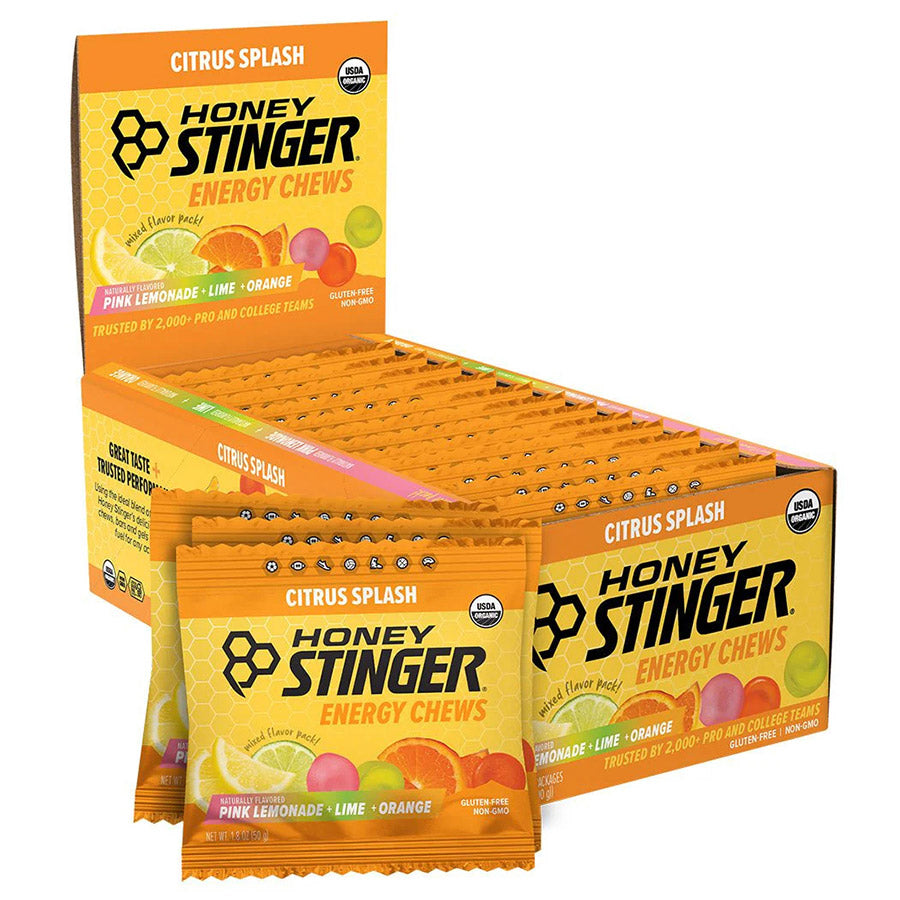 Honey Stinger Organic Energy Chews in Fruit Smoothie flavor, showing colorful chews in resealable bag.