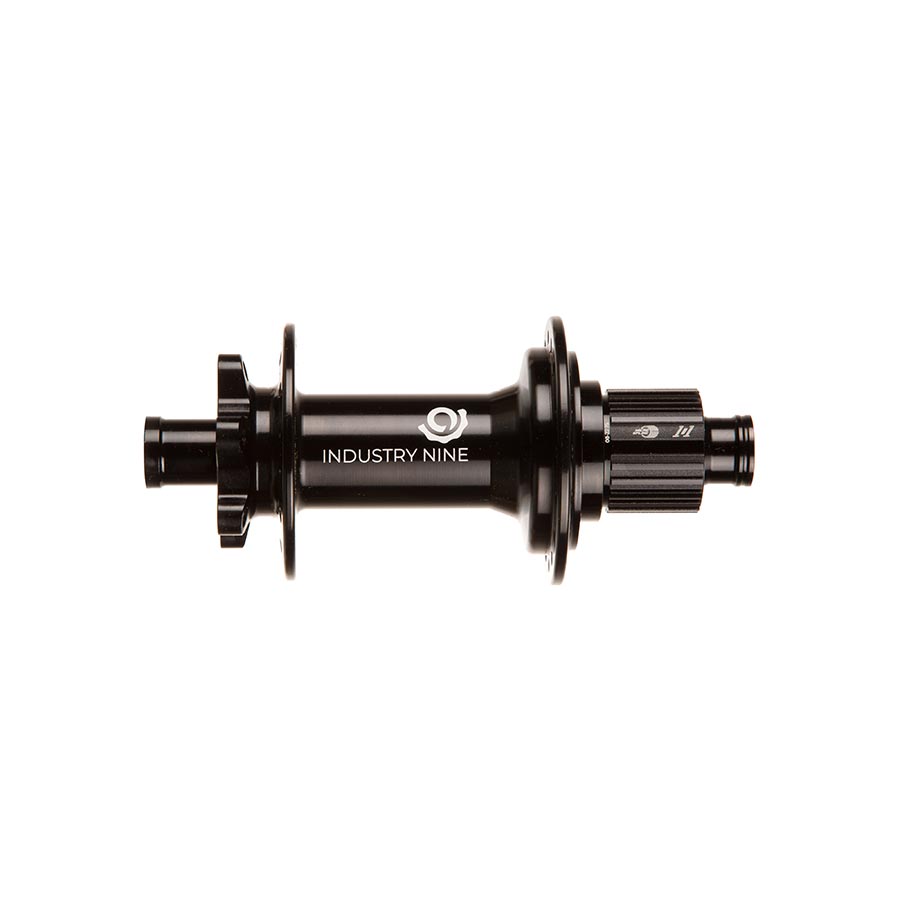 Black Industry Nine 1/1 Classic DH157 6B rear disc hub for MTB and road bikes, featuring Shimano 10 and 11-speed compatibility
