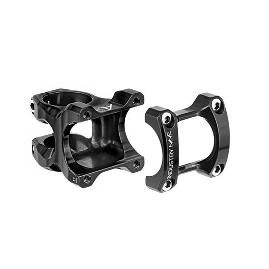 Black Industry Nine A318 Threadless Stem with 30mm steerer for 1-1/8 inch forks on a bicycle.