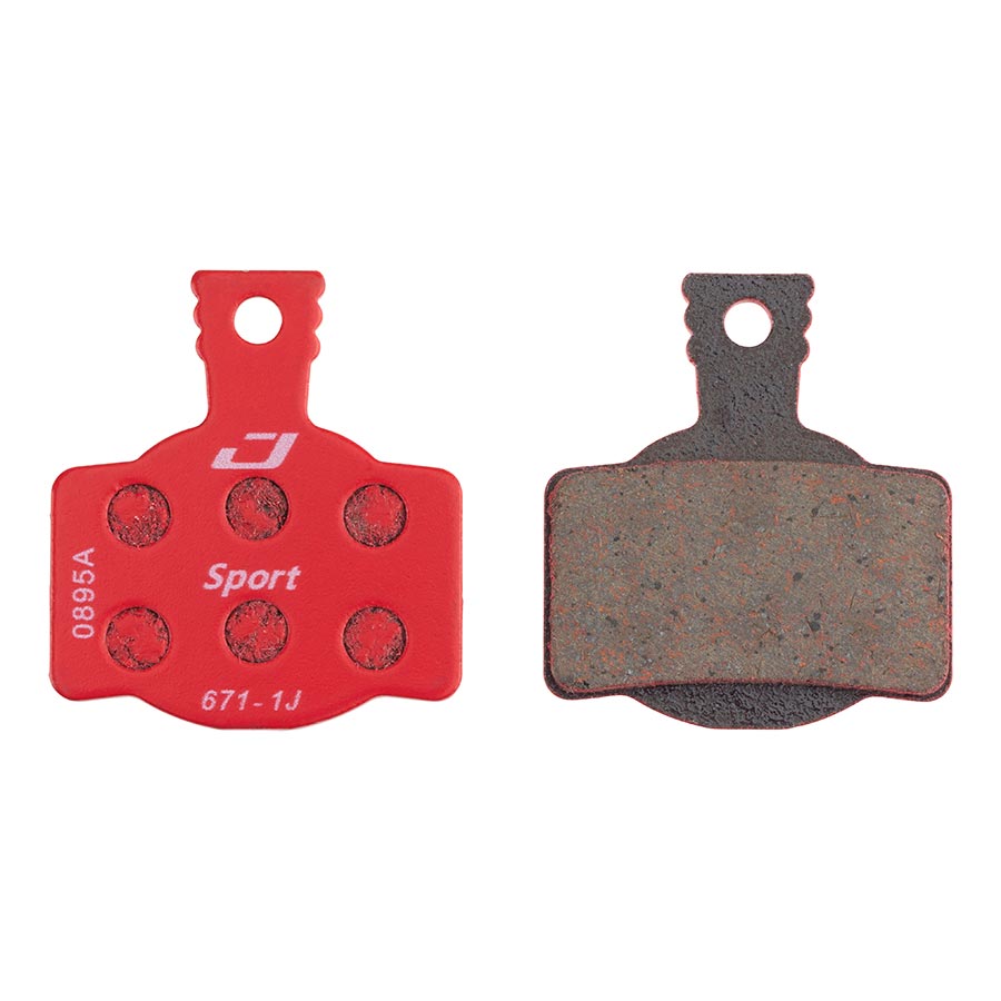 Jagwire sport disc brake pads for mountain bikes, semi-metallic brake pads with Avid BB7 and Juicy brake systems, high-performance bike braking.