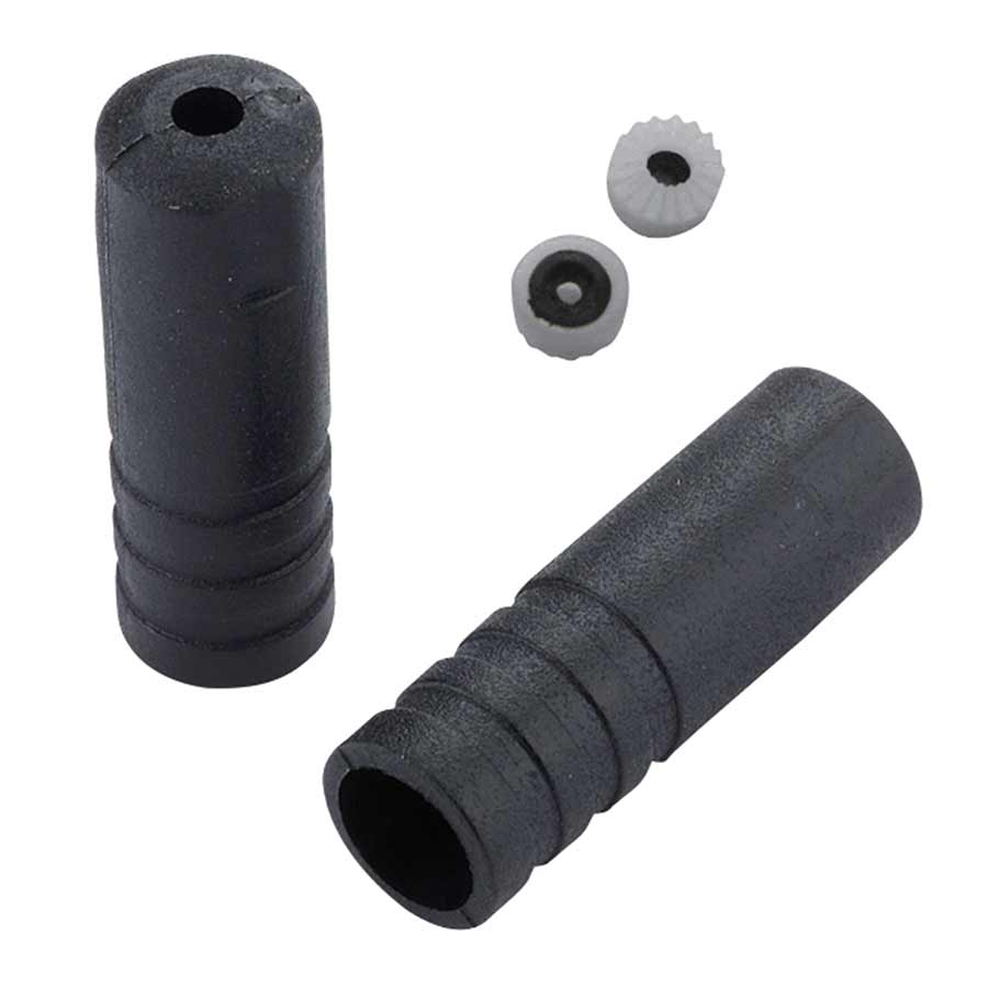 Black plastic 4mm sealed end caps for bicycle brake and gear cable ferrules by Jagwire, shown in a pack of 100 units.