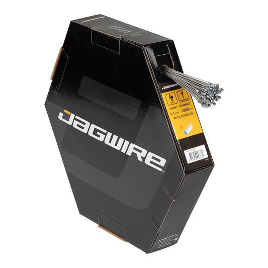 Jagwire Basics shifter cables for bicycles, black outer housing with metal end caps, designed for smooth gear shifting.
