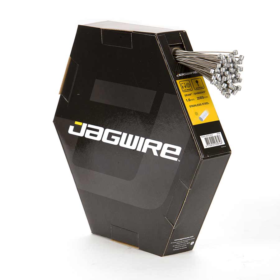 Jagwire brake cables for road bikes, showing coiled cables with black housing and metal fittings, designed for smooth braking performance.