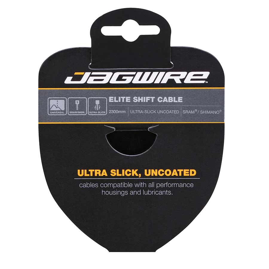 Jagwire Elite Ultra Slick Shift Cable for Shimano and Sram shifters, showing the smooth, durable cable and connector ends.