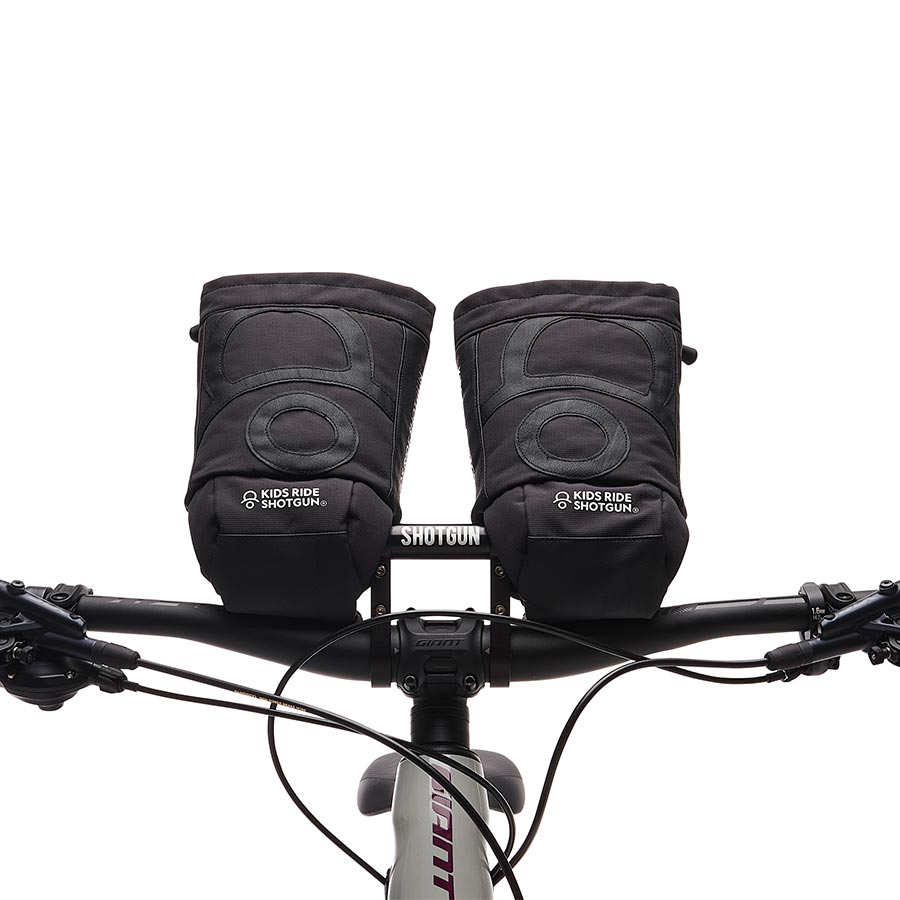 Pair of black Kids Ride Shotgun pogies for baby seat accessories, designed to keep hands warm during rides.
