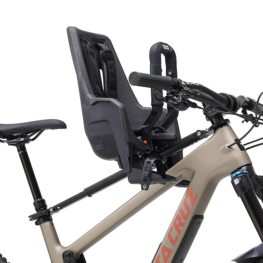 Kids Ride Shotgun Pro EVO baby seat mounted on stem steerer, black color, designed for secure and comfortable child riding.