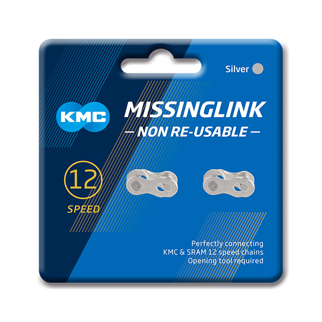 KMC Missing Link single chain link and pin for bicycle chains, in black metal with brand markings, suitable for quick chain repairs