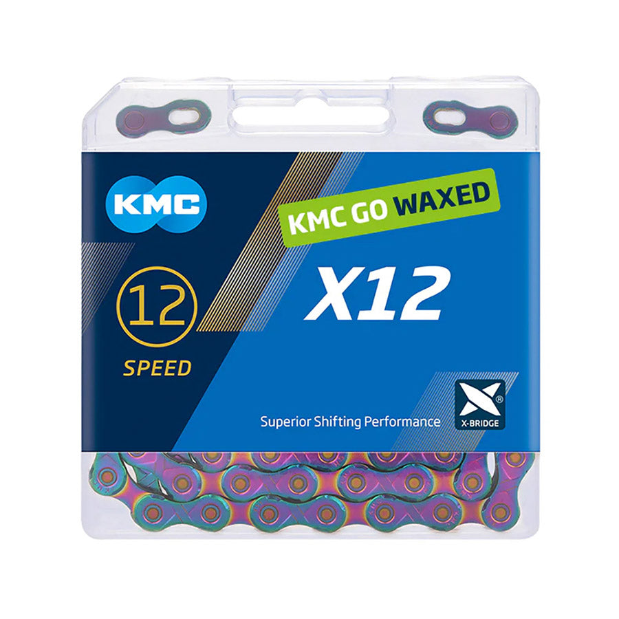KMC X12 Wax chain in silver for bikes, showing a close-up of the durable, lubricated bike chain with branding details.