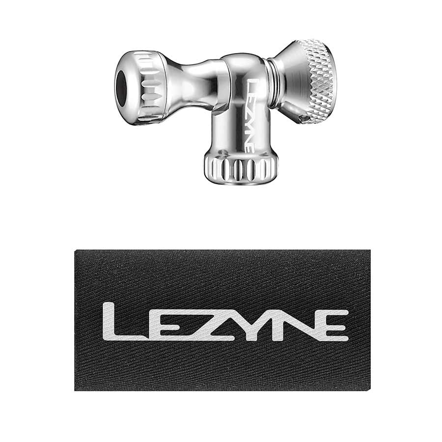 Lezyne Control Drive CO2 inflator in silver with a 16g CO2 cartridge attached, suitable for bicycle tire inflation.