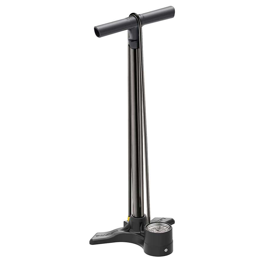 Lezyne Macro Floor Drive floor pump with dual valve head, red color, measuring up to 220psi, designed for bike tire inflation