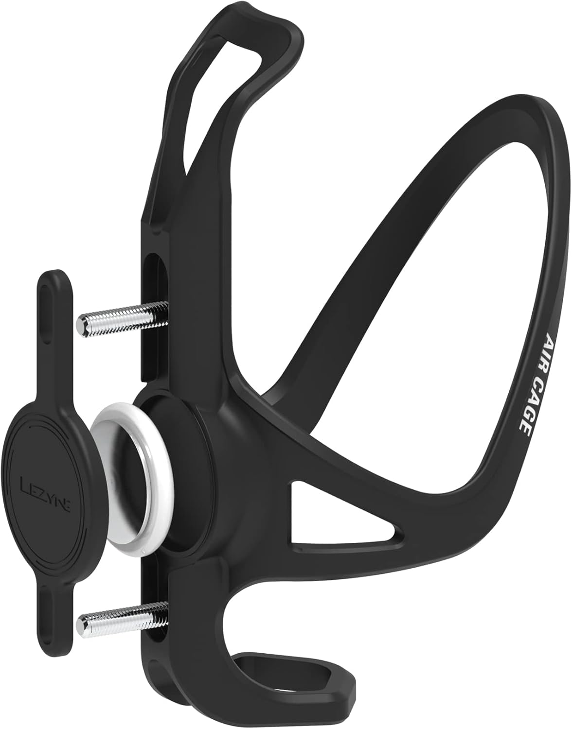 Lezyne Matrix Air Tag water bottle holder, black anti-theft device mounted on a bike water bottle cage.