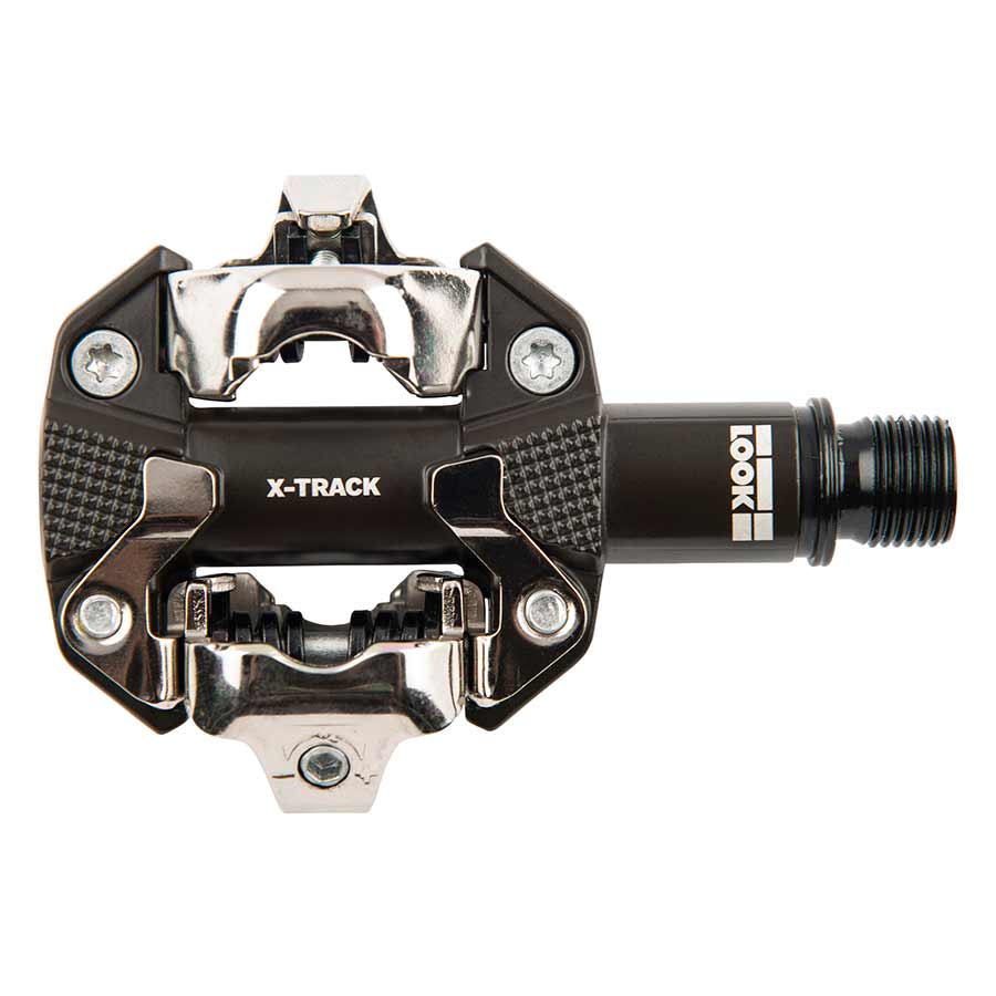Look X-Track clipless MTB pedals with aluminum body and Cr-Mo axle, black finish, designed for mountain biking.